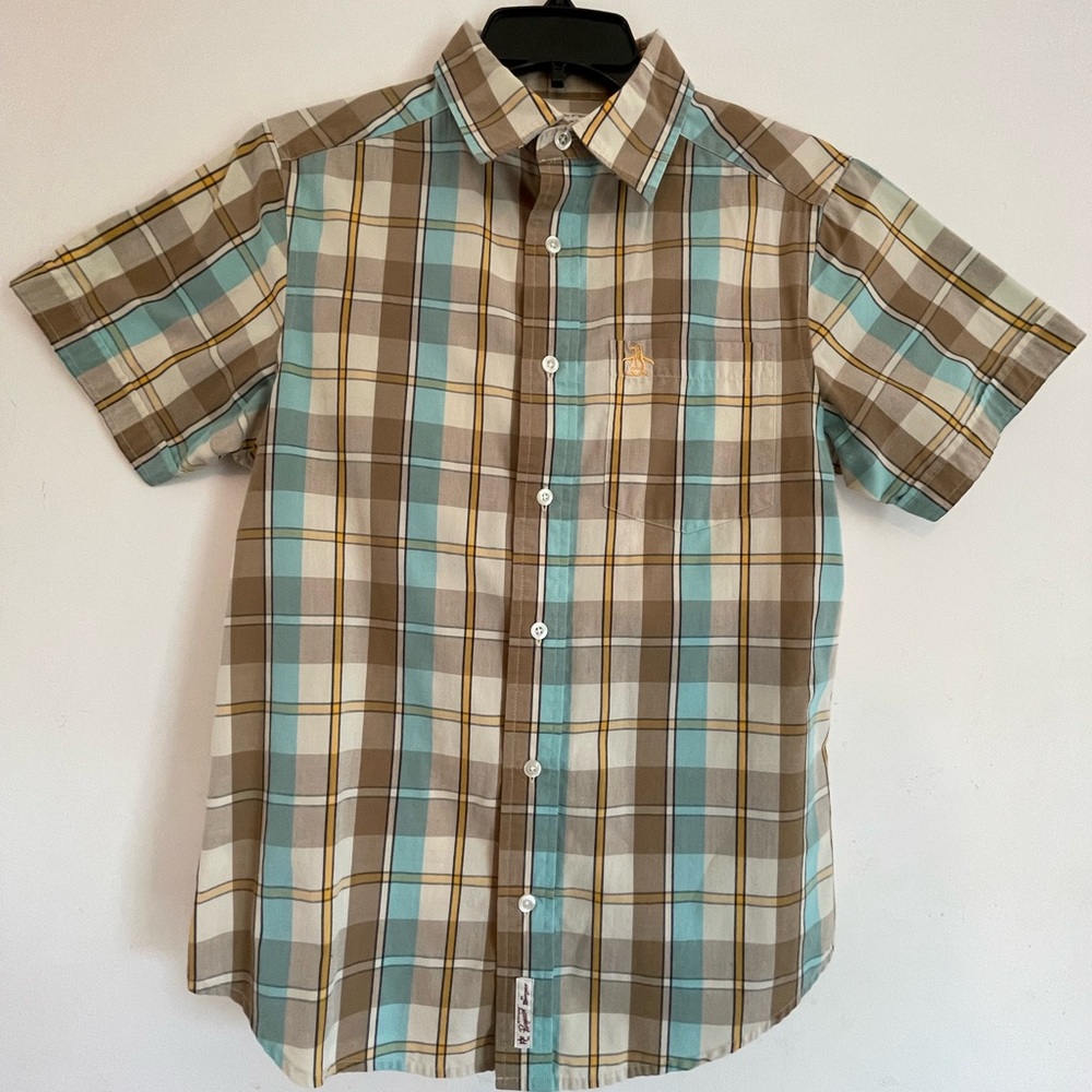 Original Penguin S/S button up. Size small. Shirt is tan, cream, teal, yellow.
